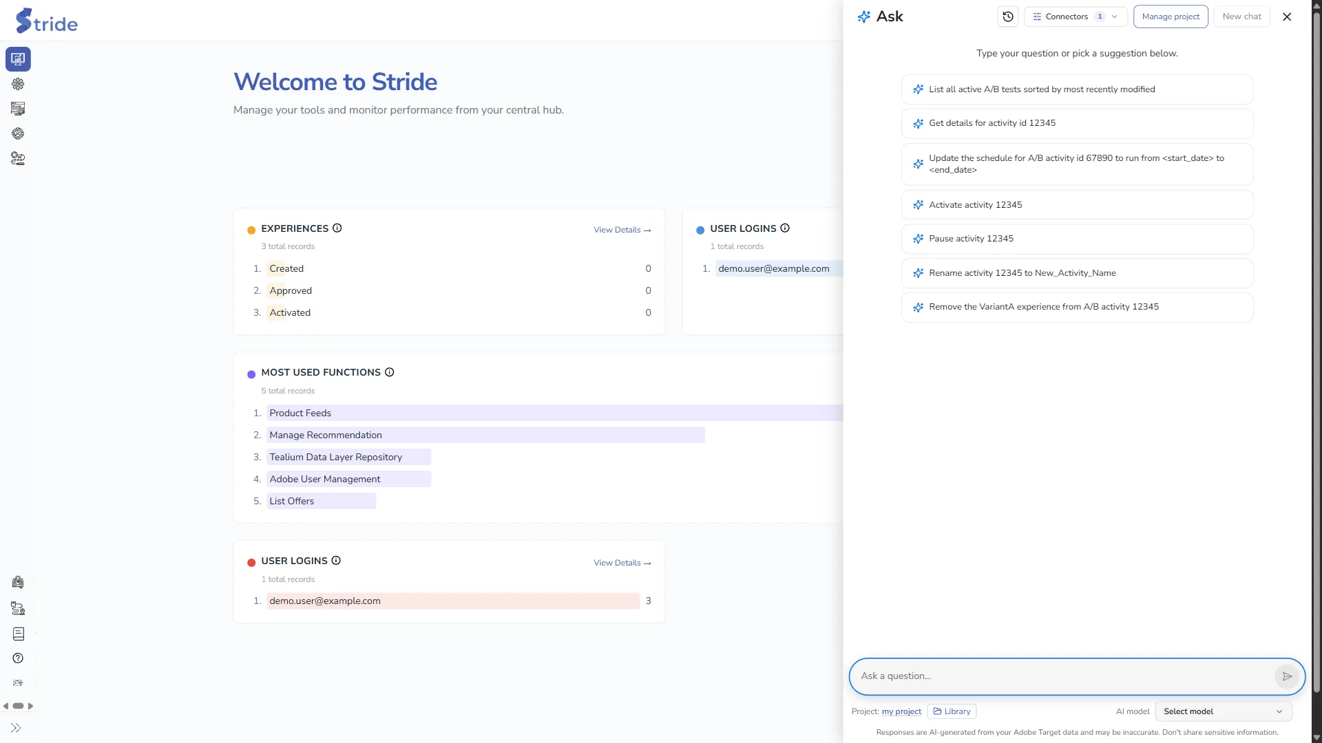 The Ask panel open beside the dashboard, with suggested questions, the question box, and Project, Library and AI model at the bottom