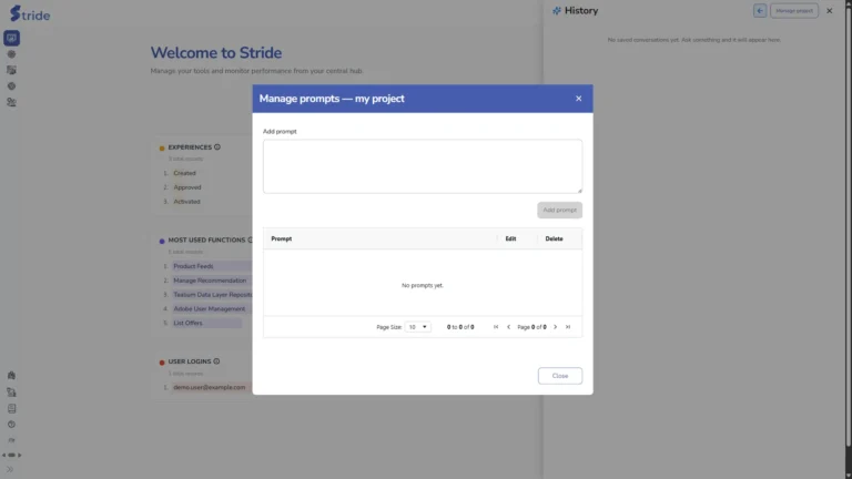 Manage prompts dialog with the prompt box and the list of saved prompts