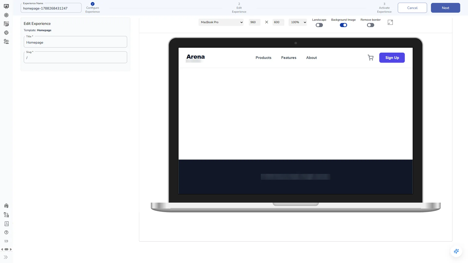 Configure Experience step of the edit wizard, with the form and the preview toolbar
