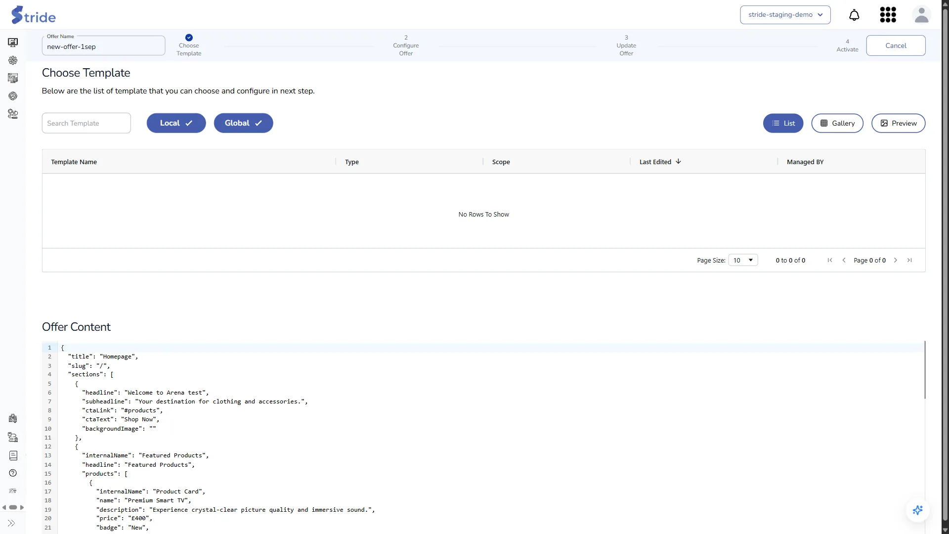Edit offer: offer name, the four-step bar, the template list and the current Offer Content