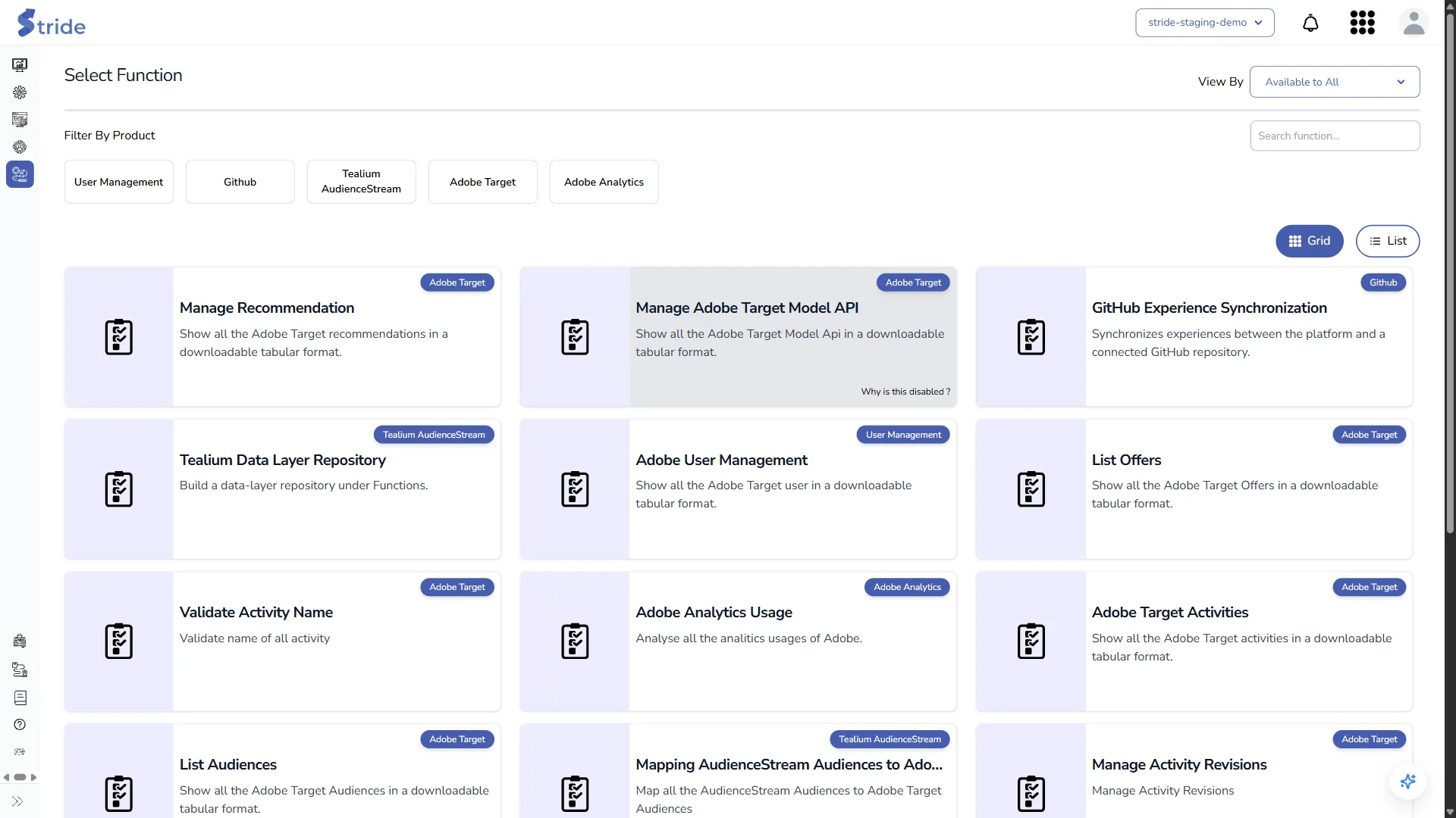 Select Function page in grid view: View By, Filter By Product, the search box, the Grid and List buttons, and function cards with their product badge