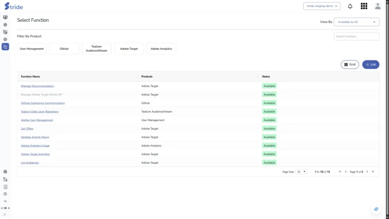 Functions in list view with Function Name, Products and Status