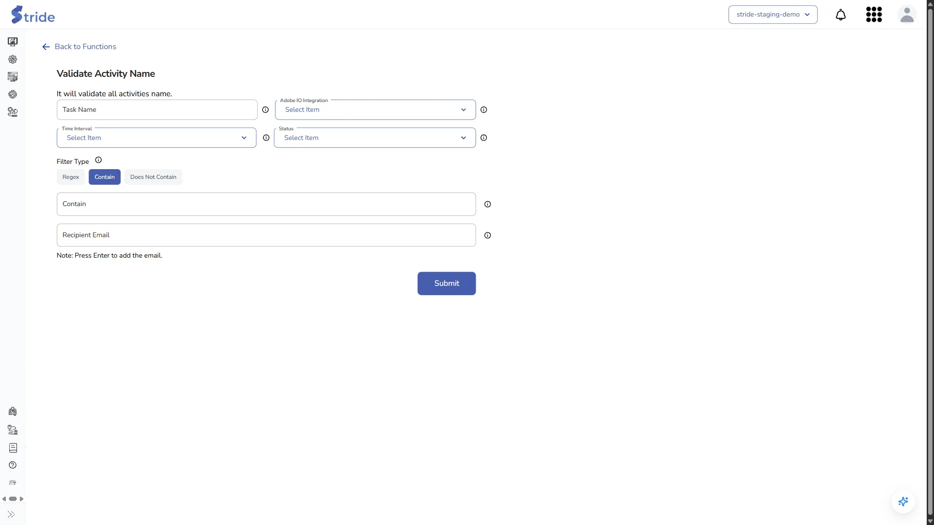 Validate Activity Name form: Task Name, Adobe IO Integration, Time Interval, Status, Filter Type and value, Recipient Email and Submit