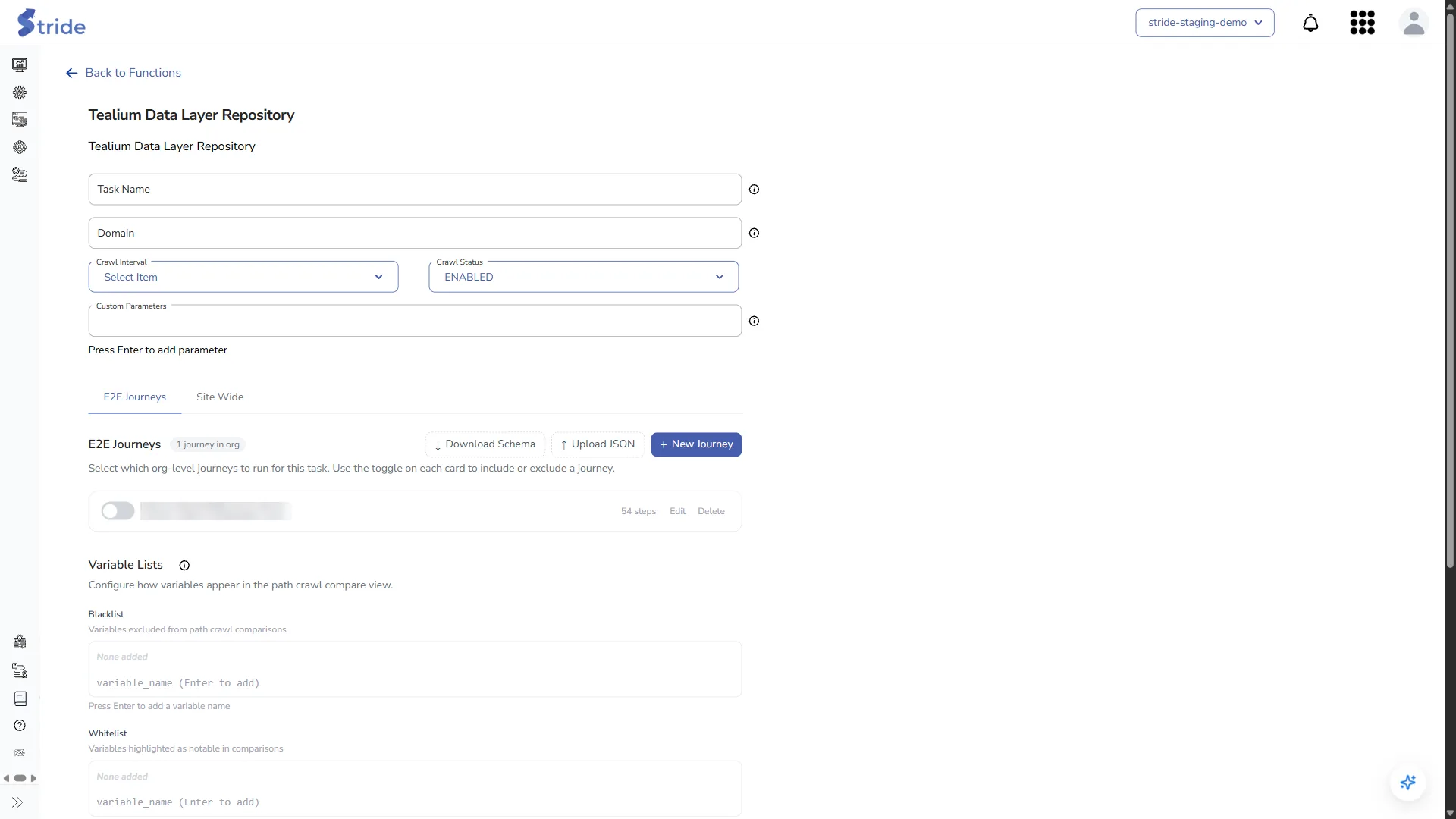Tealium Data Layer Repository form on the E2E Journeys tab: Domain, Crawl Interval, Crawl Status, Custom Parameters, journeys and Variable Lists