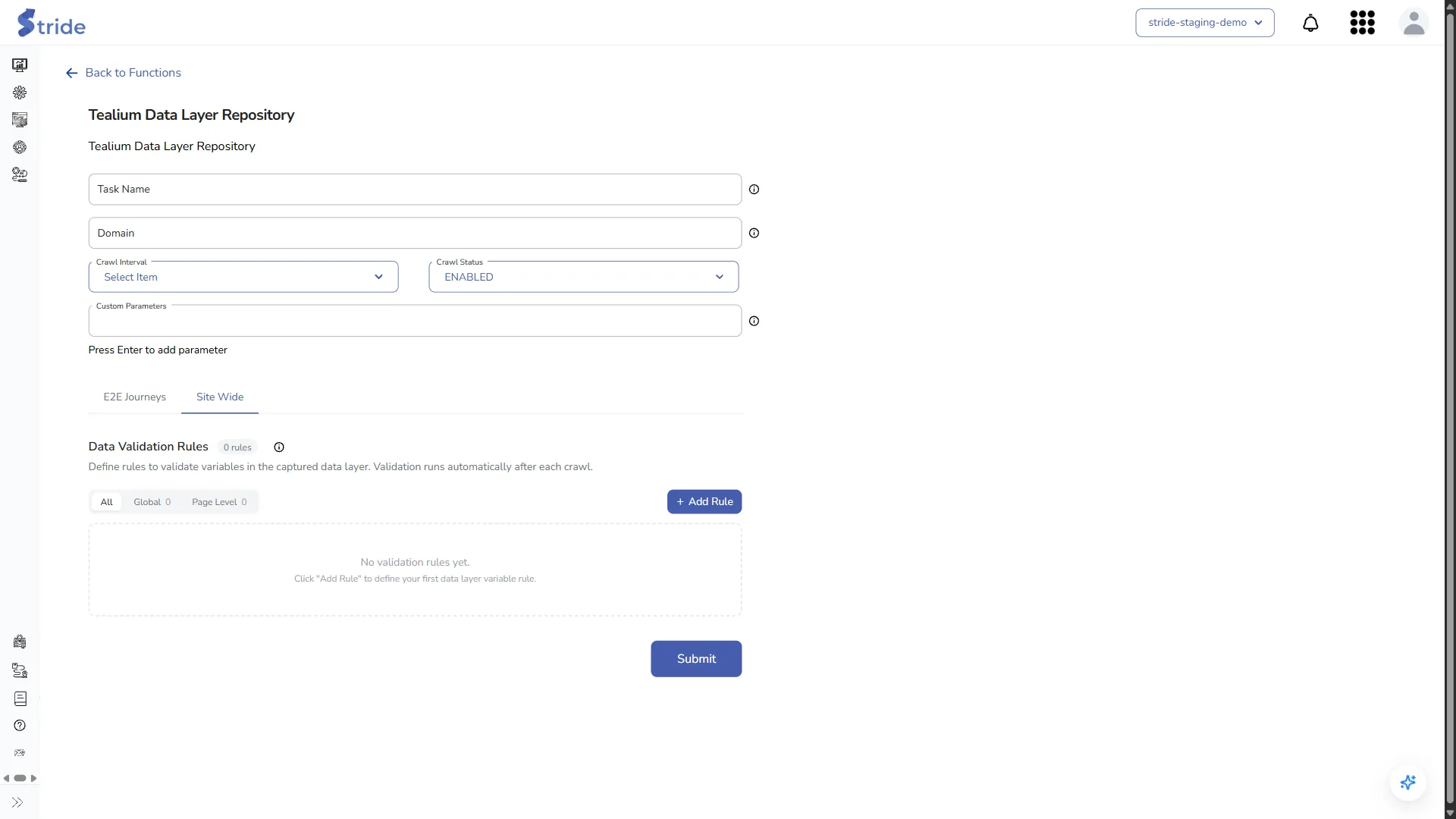Site Wide tab with the Data Validation Rules table and + Add Rule