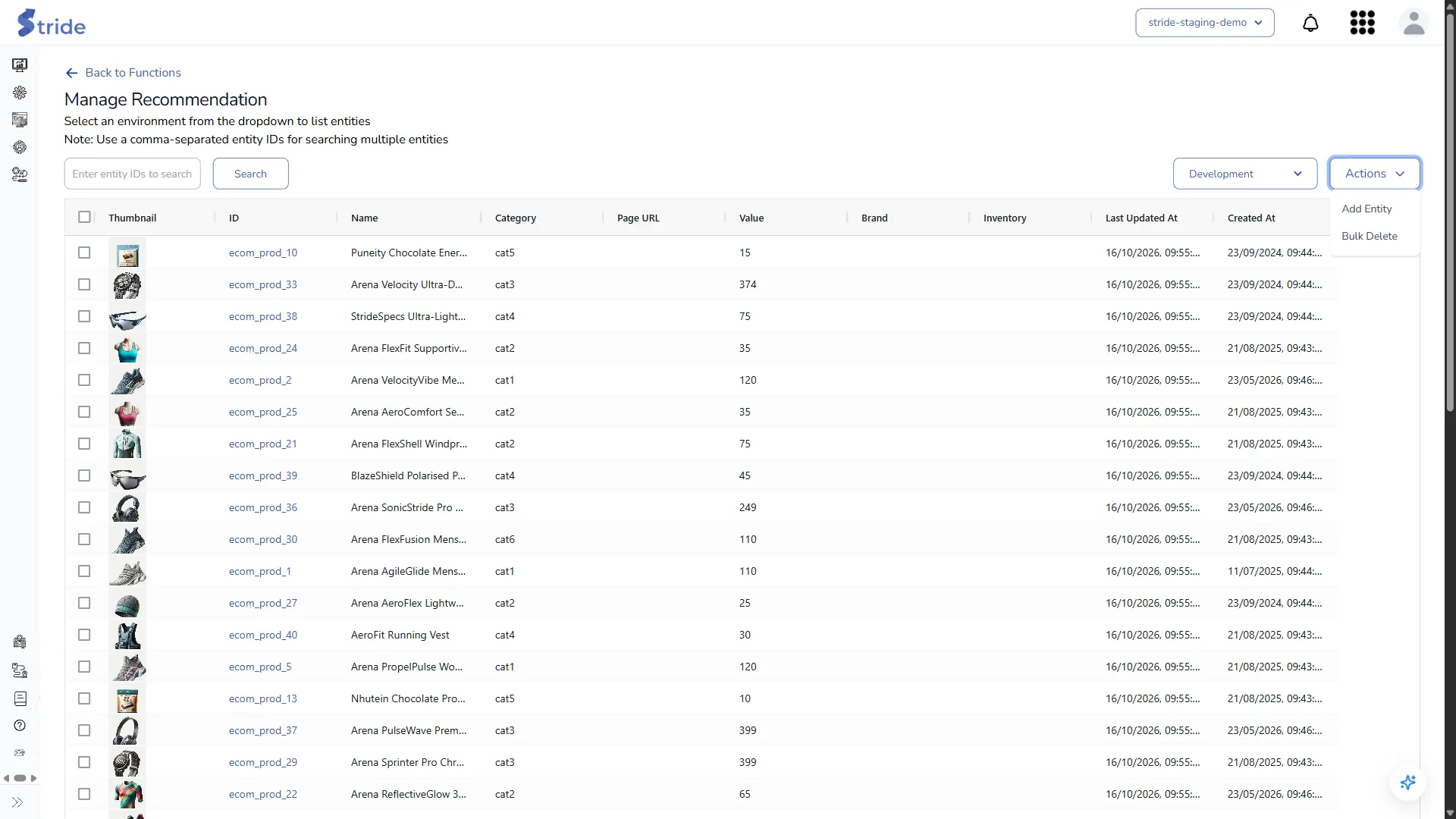 Manage Recommendation entity list with the environment selector, the entity ID search and the Actions menu open on Add Entity and Bulk Delete