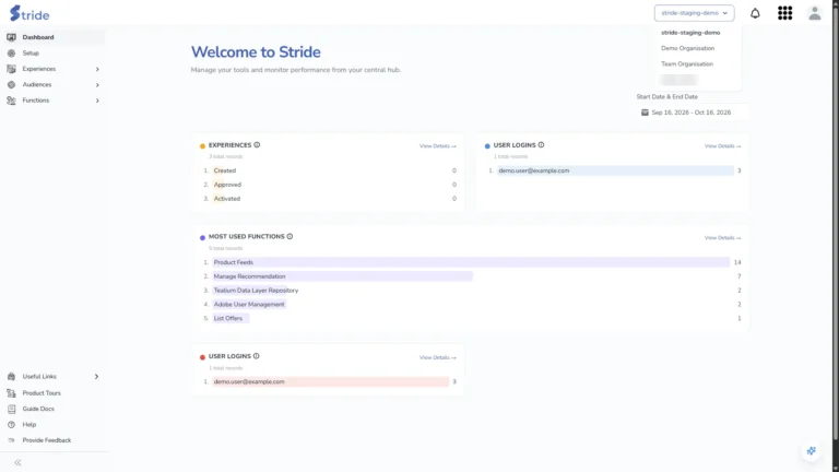 The organisation switcher in the header