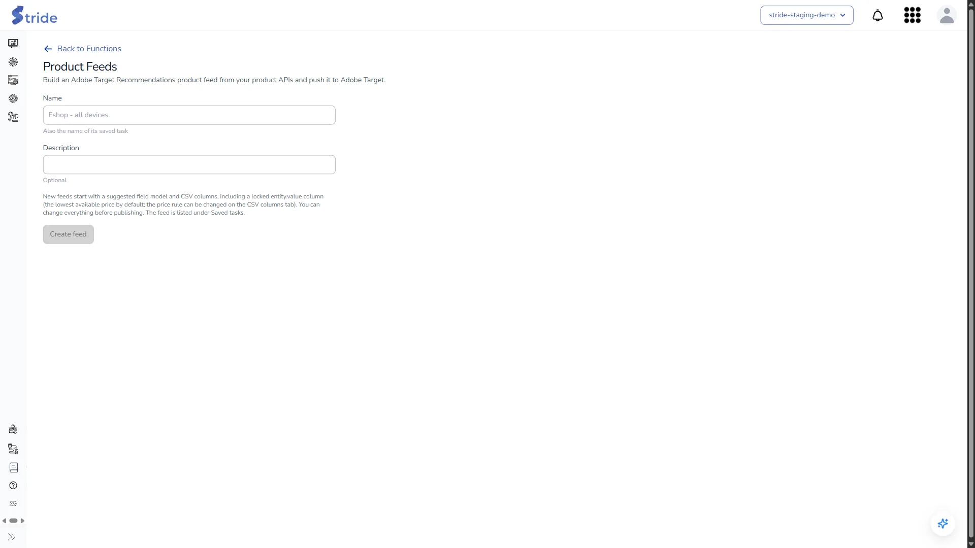 New feed form with Name, Description and Create feed