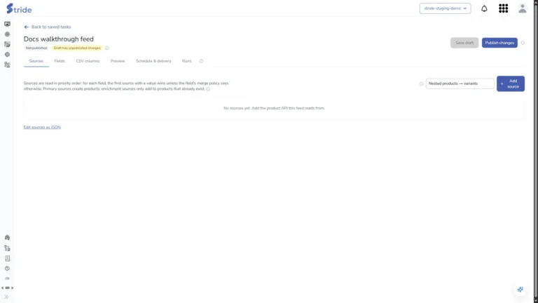 Feed editor header with the Save draft and Publish changes buttons