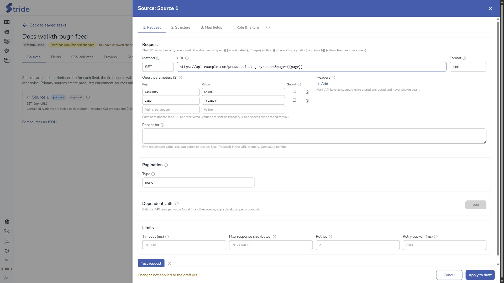 Source drawer, step 1 Request: Method, URL with a page placeholder, Format, Query parameters with Secret ticks, Headers, Repeat for, Pagination, Dependent calls, Limits and Test request