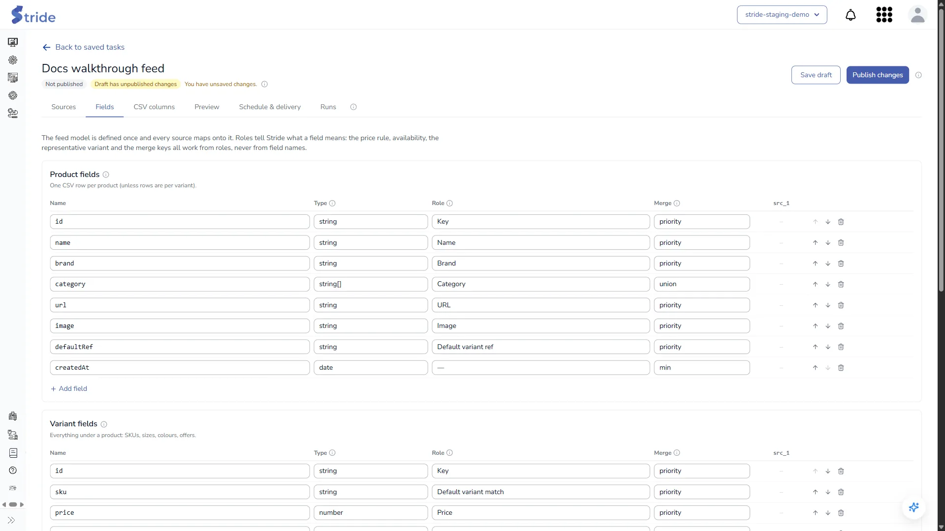 Fields tab: product and variant fields with their Type, Role and Merge settings