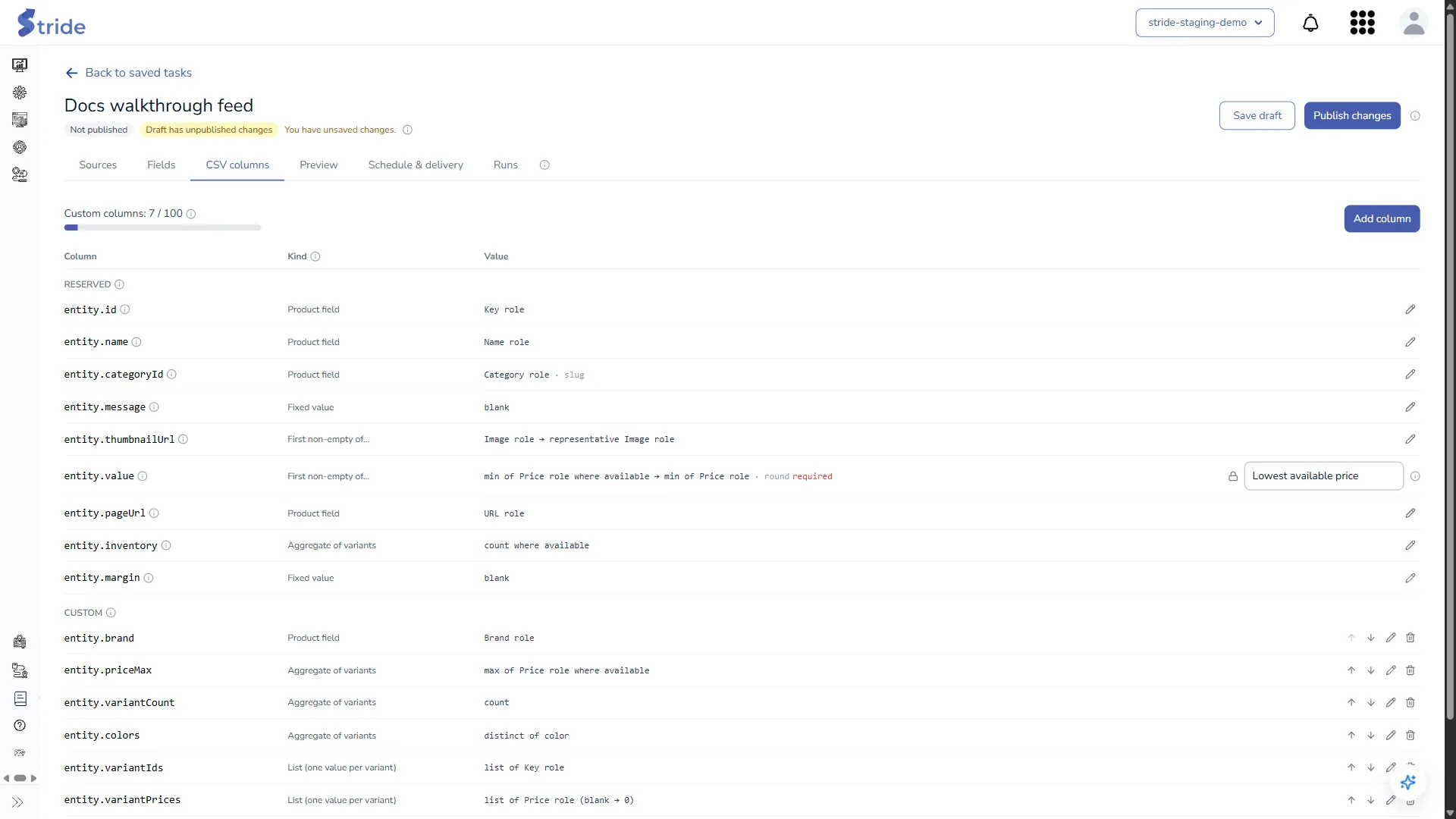CSV columns tab: the custom column counter, reserved entity columns, the locked entity.value price rule, and custom columns with their kind and value