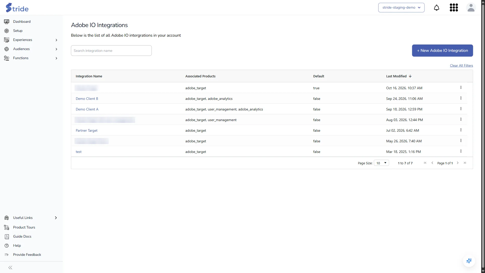 The Adobe IO Integrations list