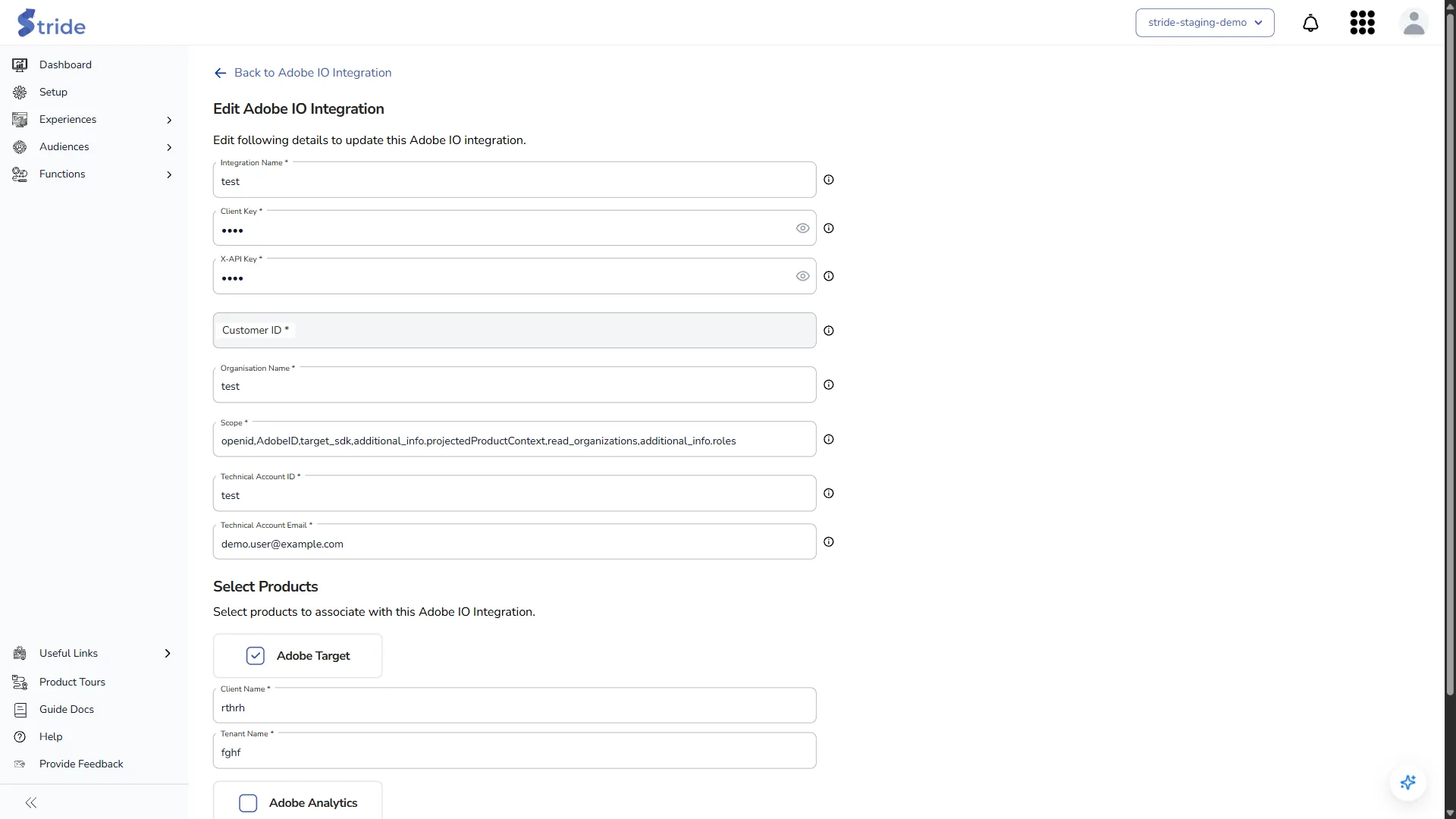 The Edit Adobe IO Integration form
