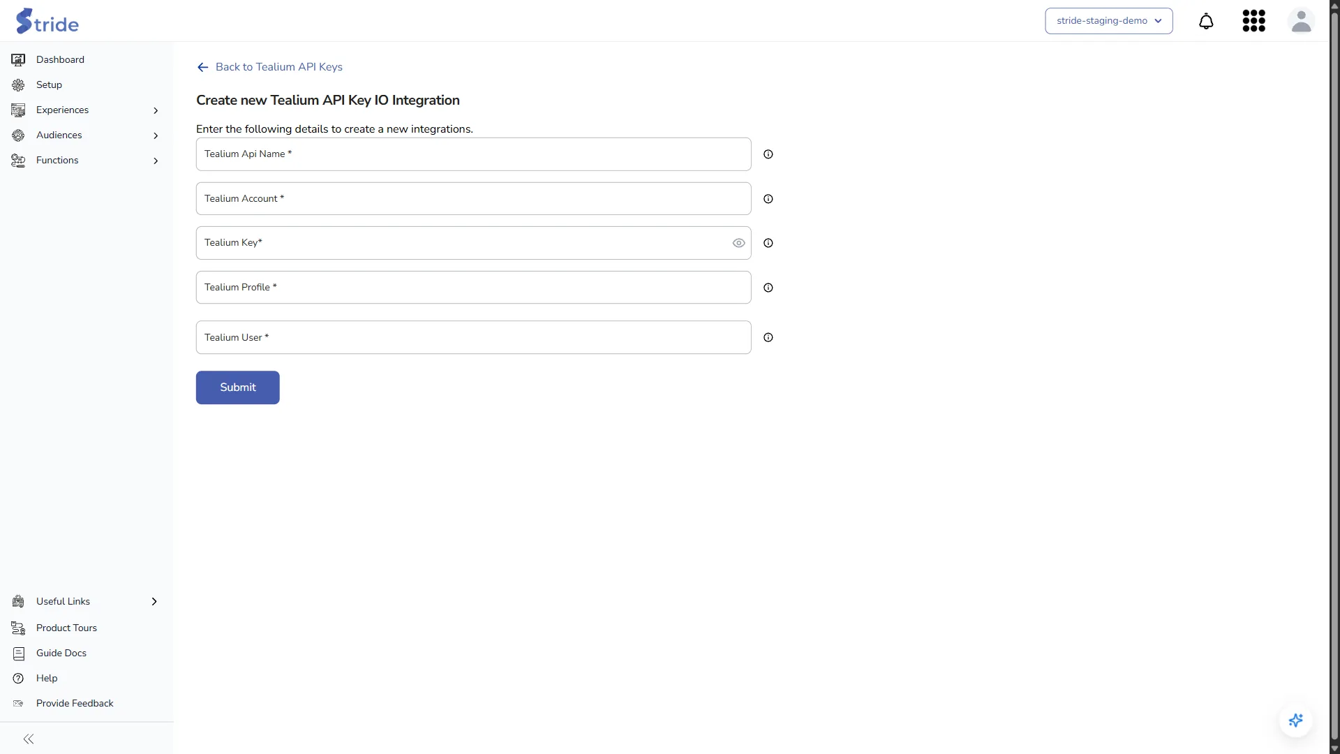 The new Tealium integration form