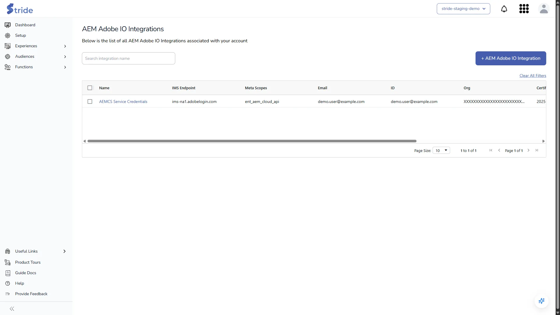 The AEM Adobe IO Integrations list