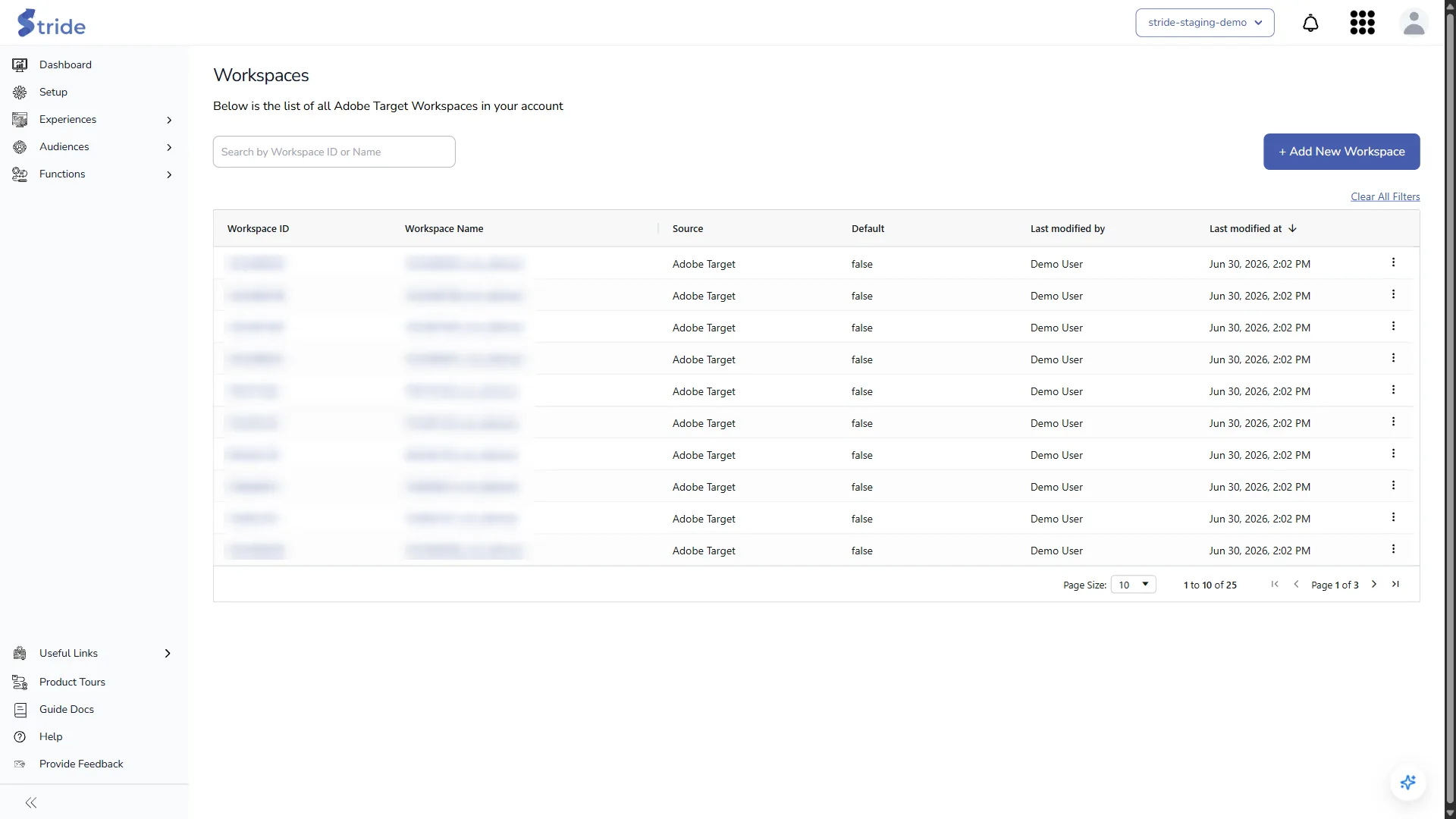 The Workspaces list