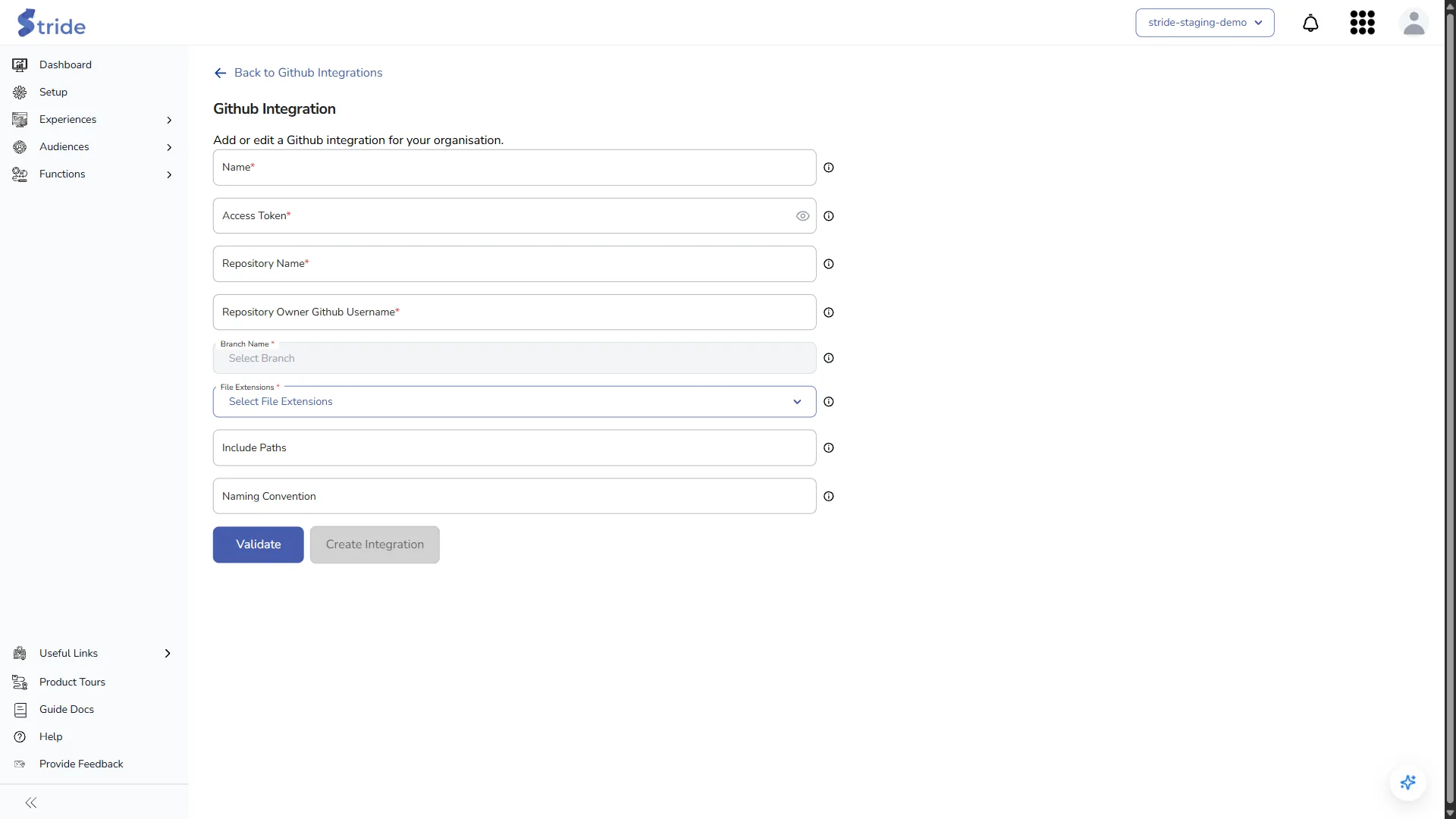 The Github Integration form